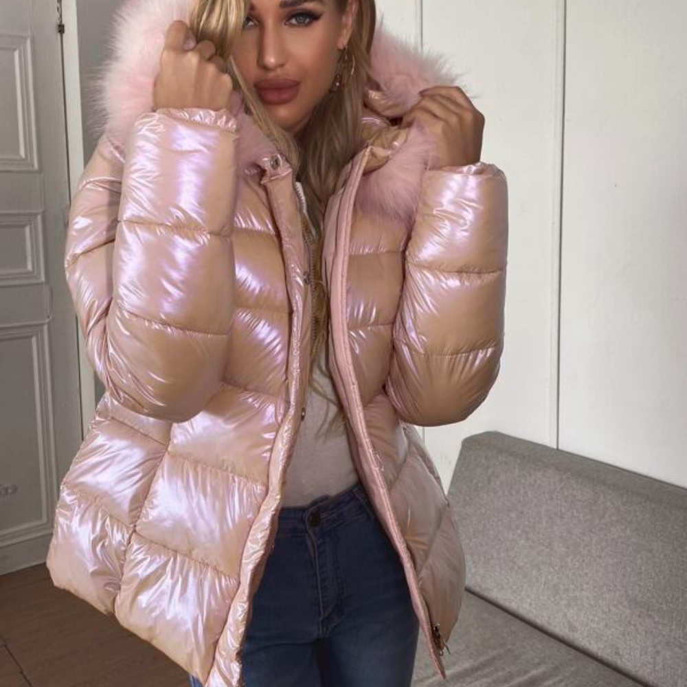Metallic pink Quilted puffer jacket faux fur hood Jacket